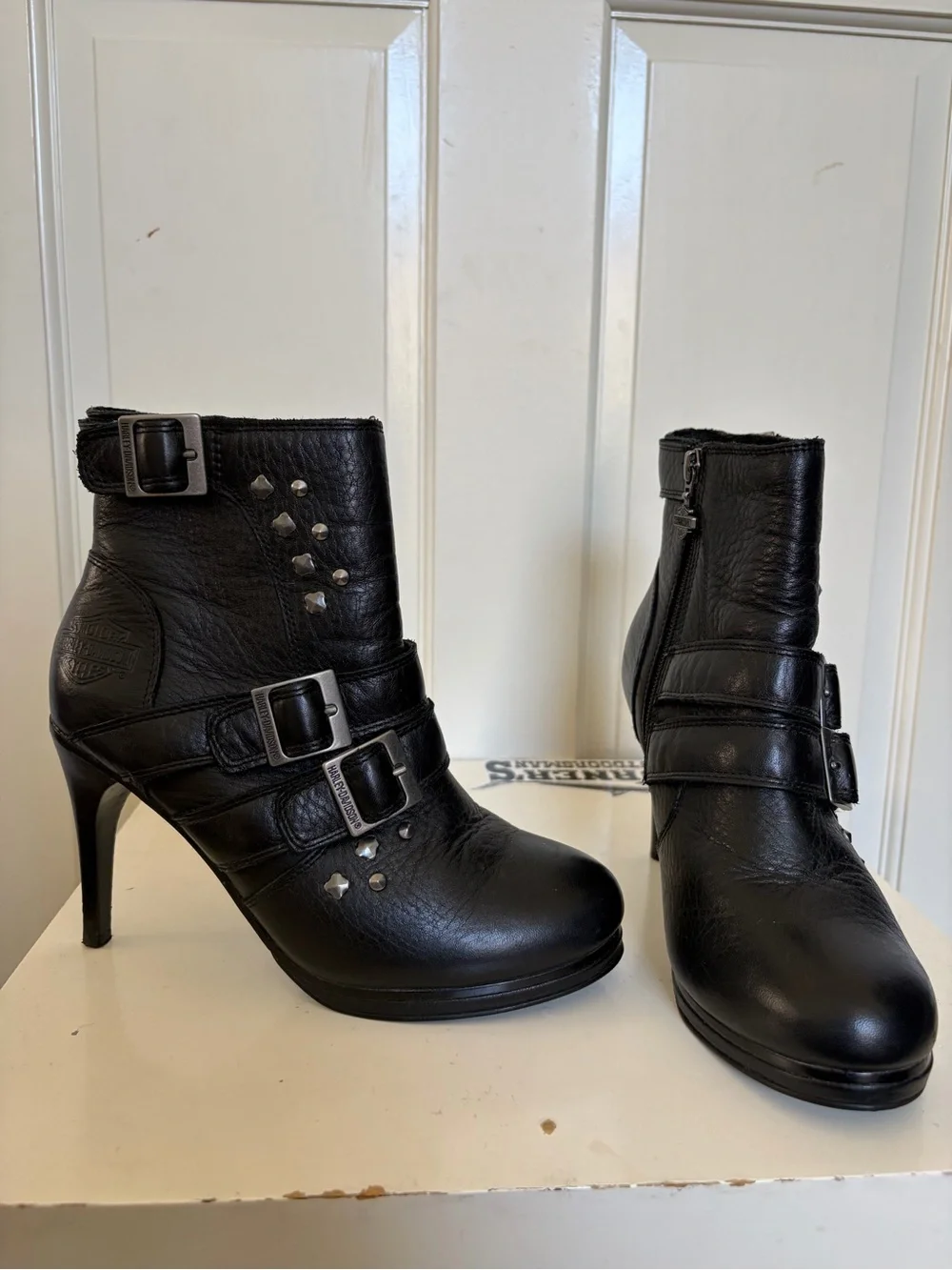 Harley-Davidson Women's Black Leather Buckle Ankle Booties with Stud Accents